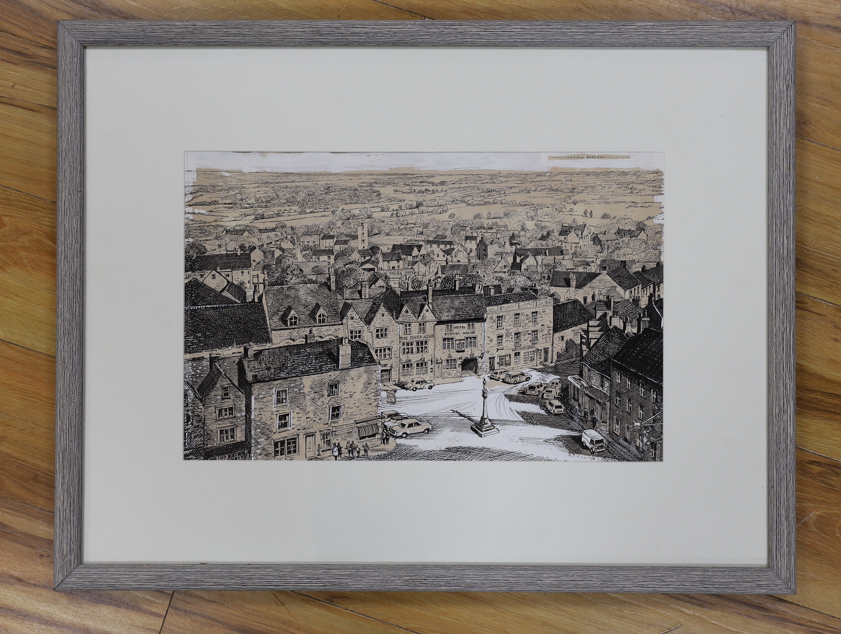 Ronald Beavan (20th.C), ink and mixed media, possibly for a book illustration, Stow-on-the-Wold, Cotswolds, 50cm x 33cm